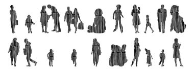 Vektör siluetleri, insanların ana hatları, Contour çizimleri, insanların siluetleri, ikon kümesi izole edilmiş, oturan insanların silueti, mimari set