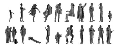 Vektör siluetleri, insanların ana hatları, Contour çizimleri, insanların siluetleri, ikon kümesi izole edilmiş, oturan insanların silueti, mimari set