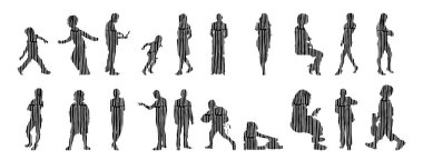 Vektör siluetleri, insanların ana hatları, Contour çizimleri, insanların siluetleri, ikon kümesi izole edilmiş, oturan insanların silueti, mimari set