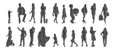 Vektör siluetleri, insanların ana hatları, Contour çizimleri, insanların siluetleri, ikon kümesi izole edilmiş, oturan insanların silueti, mimari set