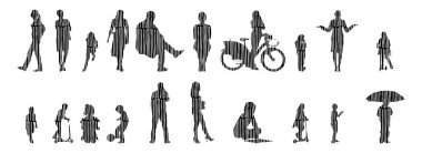 Vektör siluetleri, insanların ana hatları, Contour çizimleri, insanların siluetleri, ikon kümesi izole edilmiş, oturan insanların silueti, mimari set