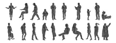 Vektör siluetleri, insanların ana hatları, Contour çizimleri, insanların siluetleri, ikon kümesi izole edilmiş, oturan insanların silueti, mimari set