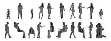 Vektör siluetleri, insanların ana hatları, Contour çizimleri, insanların siluetleri, ikon kümesi izole edilmiş, oturan insanların silueti, mimari set