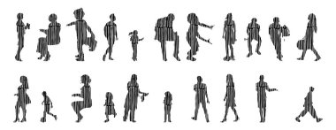 Vektör siluetleri, insanların ana hatları, Contour çizimleri, insanların siluetleri, ikon kümesi izole edilmiş, oturan insanların silueti, mimari set