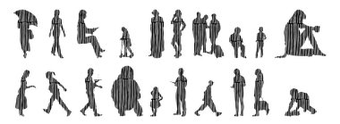 Vektör siluetleri, insanların ana hatları, Contour çizimleri, insanların siluetleri, ikon kümesi izole edilmiş, oturan insanların silueti, mimari set