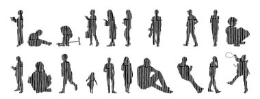 Vektör siluetleri, insanların ana hatları, Contour çizimleri, insanların siluetleri, ikon kümesi izole edilmiş, oturan insanların silueti, mimari set