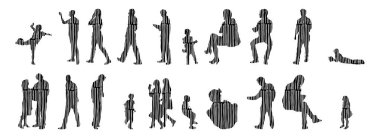 Vektör siluetleri, insanların ana hatları, Contour çizimleri, insanların siluetleri, ikon kümesi izole edilmiş, oturan insanların silueti, mimari set