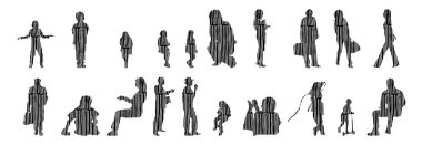 Vektör siluetleri, insanların ana hatları, Contour çizimleri, insanların siluetleri, ikon kümesi izole edilmiş, oturan insanların silueti, mimari set