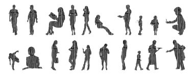 Vektör siluetleri, insanların ana hatları, Contour çizimleri, insanların siluetleri, ikon kümesi izole edilmiş, oturan insanların silueti, mimari set