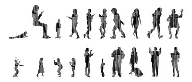 Vektör siluetleri, insanların ana hatları, Contour çizimleri, insanların siluetleri, ikon kümesi izole edilmiş, oturan insanların silueti, mimari set