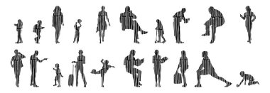 Vektör siluetleri, insanların ana hatları, Contour çizimleri, insanların siluetleri, ikon kümesi izole edilmiş, oturan insanların silueti, mimari set