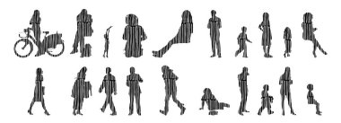 Vektör siluetleri, insanların ana hatları, Contour çizimleri, insanların siluetleri, ikon kümesi izole edilmiş, oturan insanların silueti, mimari set