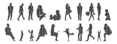 Vektör siluetleri, insanların ana hatları, Contour çizimleri, insanların siluetleri, ikon kümesi izole edilmiş, oturan insanların silueti, mimari set