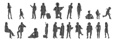 Vektör siluetleri, insanların ana hatları, Contour çizimleri, insanların siluetleri, ikon kümesi izole edilmiş, oturan insanların silueti, mimari set