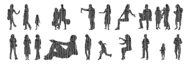 Vektör siluetleri, insanların ana hatları, Contour çizimleri, insanların siluetleri, ikon kümesi izole edilmiş, oturan insanların silueti, mimari set