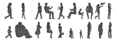 Vektör siluetleri, insanların ana hatları, Contour çizimleri, insanların siluetleri, ikon kümesi izole edilmiş, oturan insanların silueti, mimari set