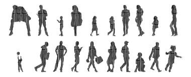 Vektör siluetleri, insanların ana hatları, Contour çizimleri, insanların siluetleri, ikon kümesi izole edilmiş, oturan insanların silueti, mimari set