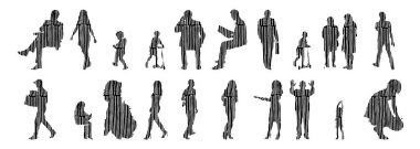 Vektör siluetleri, insanların ana hatları, Contour çizimleri, insanların siluetleri, ikon kümesi izole edilmiş, oturan insanların silueti, mimari set