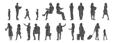 Vektör siluetleri, insanların ana hatları, Contour çizimleri, insanların siluetleri, ikon kümesi izole edilmiş, oturan insanların silueti, mimari set