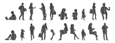 Vektör siluetleri, insanların ana hatları, Contour çizimleri, insanların siluetleri, ikon kümesi izole edilmiş, oturan insanların silueti, mimari set