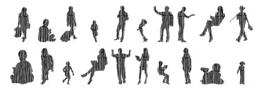 Vektör siluetleri, insanların ana hatları, Contour çizimleri, insanların siluetleri, ikon kümesi izole edilmiş, oturan insanların silueti, mimari set