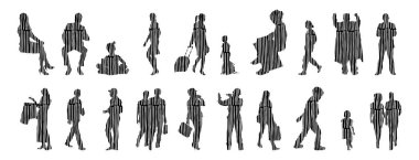 Vektör siluetleri, insanların ana hatları, Contour çizimleri, insanların siluetleri, ikon kümesi izole edilmiş, oturan insanların silueti, mimari set