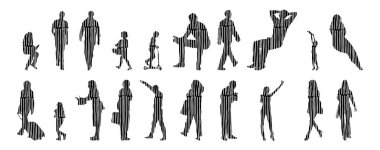 Vektör siluetleri, insanların ana hatları, Contour çizimleri, insanların siluetleri, ikon kümesi izole edilmiş, oturan insanların silueti, mimari set