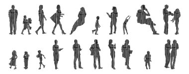 Vektör siluetleri, insanların ana hatları, Contour çizimleri, insanların siluetleri, ikon kümesi izole edilmiş, oturan insanların silueti, mimari set