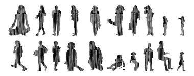 Vektör siluetleri, insanların ana hatları, Contour çizimleri, insanların siluetleri, ikon kümesi izole edilmiş, oturan insanların silueti, mimari set