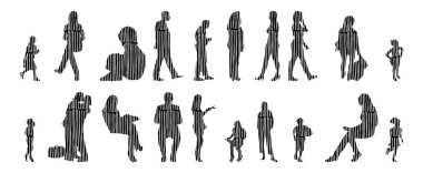 Vektör siluetleri, insanların ana hatları, Contour çizimleri, insanların siluetleri, ikon kümesi izole edilmiş, oturan insanların silueti, mimari set