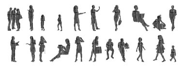 Vektör siluetleri, insanların ana hatları, Contour çizimleri, insanların siluetleri, ikon kümesi izole edilmiş, oturan insanların silueti, mimari set