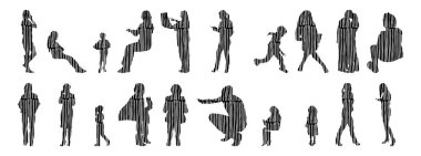 Vektör siluetleri, insanların ana hatları, Contour çizimleri, insanların siluetleri, ikon kümesi izole edilmiş, oturan insanların silueti, mimari set