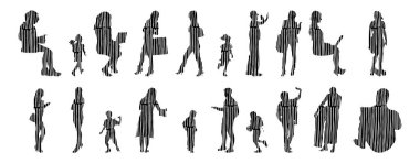 Vektör siluetleri, insanların ana hatları, Contour çizimleri, insanların siluetleri, ikon kümesi izole edilmiş, oturan insanların silueti, mimari set