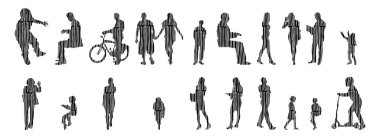 Vektör siluetleri, insanların ana hatları, Contour çizimleri, insanların siluetleri, ikon kümesi izole edilmiş, oturan insanların silueti, mimari set