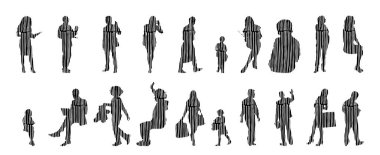 Vektör siluetleri, insanların ana hatları, Contour çizimleri, insanların siluetleri, ikon kümesi izole edilmiş, oturan insanların silueti, mimari set