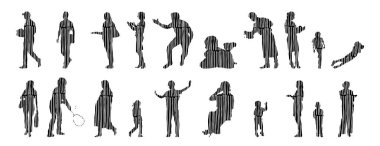 Vektör siluetleri, insanların ana hatları, Contour çizimleri, insanların siluetleri, ikon kümesi izole edilmiş, oturan insanların silueti, mimari set