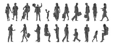 Vektör siluetleri, insanların ana hatları, Contour çizimleri, insanların siluetleri, ikon kümesi izole edilmiş, oturan insanların silueti, mimari set