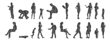 Vektör siluetleri, insanların ana hatları, Contour çizimleri, insanların siluetleri, ikon kümesi izole edilmiş, oturan insanların silueti, mimari set