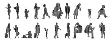 Vektör siluetleri, insanların ana hatları, Contour çizimleri, insanların siluetleri, ikon kümesi izole edilmiş, oturan insanların silueti, mimari set