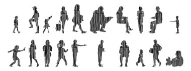 Vektör siluetleri, insanların ana hatları, Contour çizimleri, insanların siluetleri, ikon kümesi izole edilmiş, oturan insanların silueti, mimari set