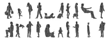 Vektör siluetleri, insanların ana hatları, Contour çizimleri, insanların siluetleri, ikon kümesi izole edilmiş, oturan insanların silueti, mimari set