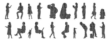 Vektör siluetleri, insanların ana hatları, Contour çizimleri, insanların siluetleri, ikon kümesi izole edilmiş, oturan insanların silueti, mimari set