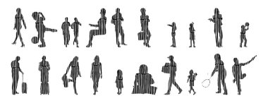 Vektör siluetleri, insanların ana hatları, Contour çizimleri, insanların siluetleri, ikon kümesi izole edilmiş, oturan insanların silueti, mimari set