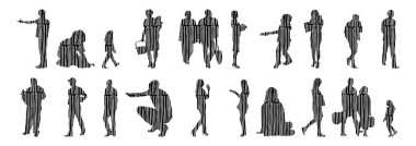 Vektör siluetleri, insanların ana hatları, Contour çizimleri, insanların siluetleri, ikon kümesi izole edilmiş, oturan insanların silueti, mimari set