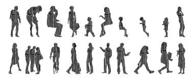 Vektör siluetleri, insanların ana hatları, Contour çizimleri, insanların siluetleri, ikon kümesi izole edilmiş, oturan insanların silueti, mimari set