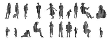 Vektör siluetleri, insanların ana hatları, Contour çizimleri, insanların siluetleri, ikon kümesi izole edilmiş, oturan insanların silueti, mimari set