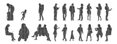 Vektör siluetleri, insanların ana hatları, Contour çizimleri, insanların siluetleri, ikon kümesi izole edilmiş, oturan insanların silueti, mimari set