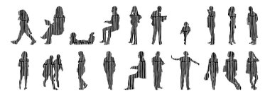 Vektör siluetleri, insanların ana hatları, Contour çizimleri, insanların siluetleri, ikon kümesi izole edilmiş, oturan insanların silueti, mimari set