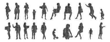 Vektör siluetleri, insanların ana hatları, Contour çizimleri, insanların siluetleri, ikon kümesi izole edilmiş, oturan insanların silueti, mimari set