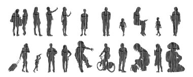 Vektör siluetleri, insanların ana hatları, Contour çizimleri, insanların siluetleri, ikon kümesi izole edilmiş, oturan insanların silueti, mimari set